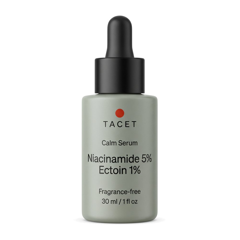 Tacet Calm Serum, 30 ml celadon glass dropper bottle with black screen-printed label, on white