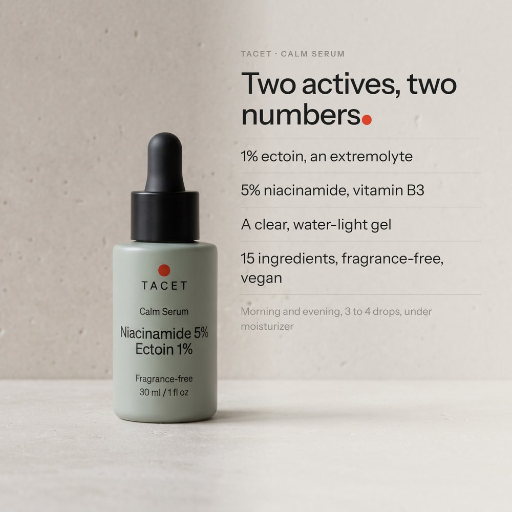 Tacet Calm Serum bottle standing on honed travertine in soft daylight, four benefit lines at right
