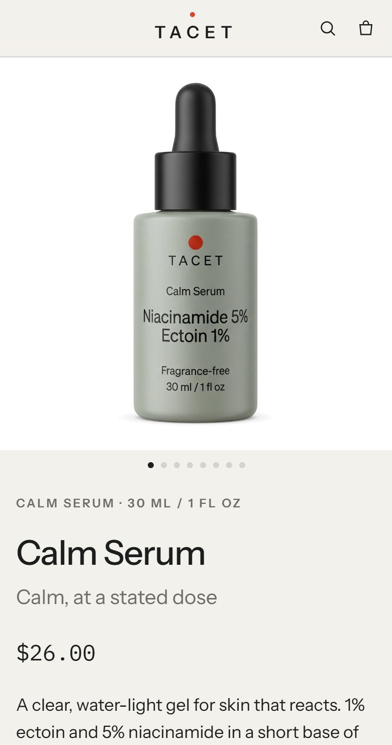 Tacet Calm Serum page on the brand's own store, on a phone