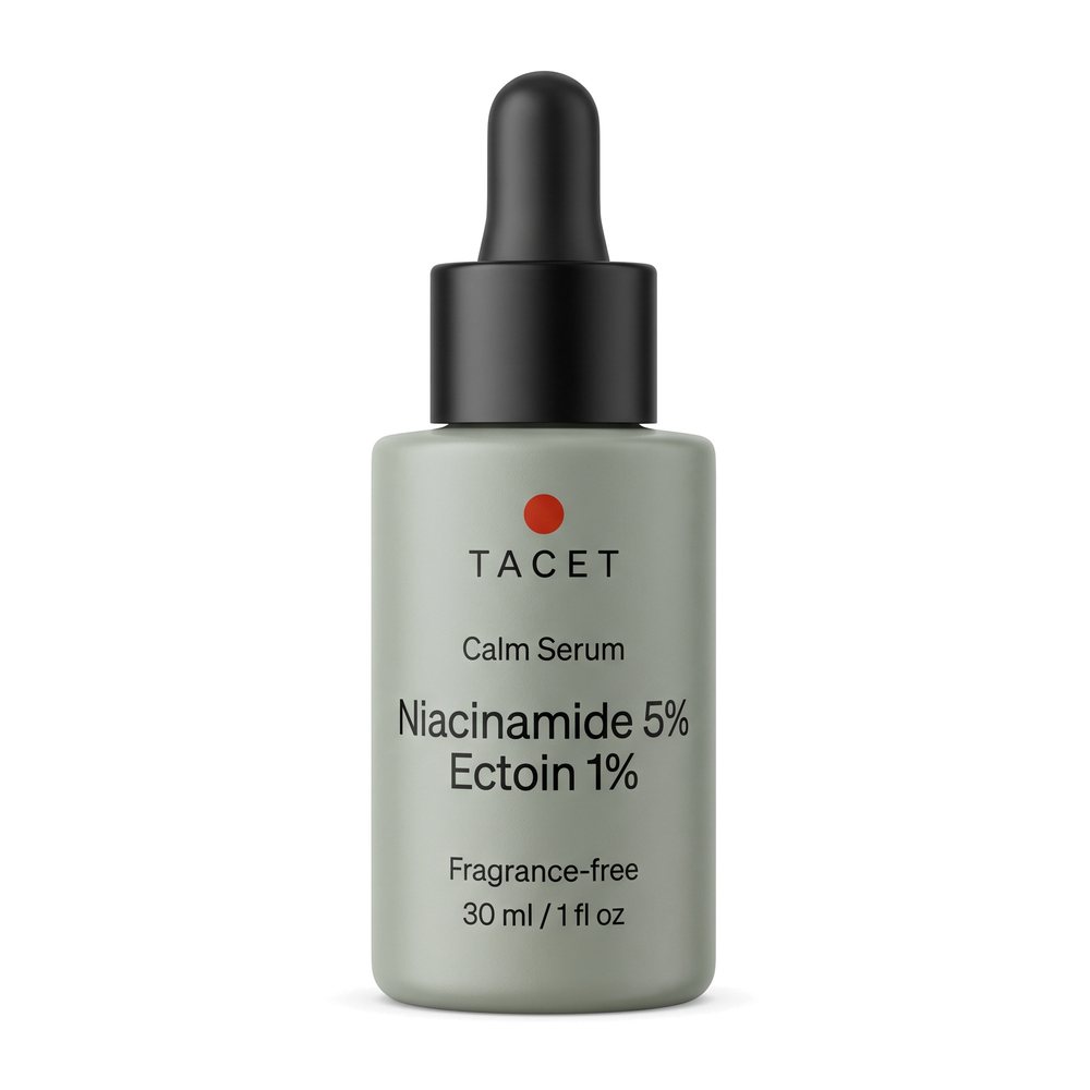 Tacet Calm Serum, 30 ml celadon glass dropper bottle with black screen-printed label, on white