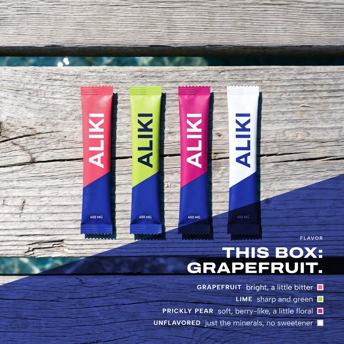 Grapefruit, Lime, Prickly Pear and Unflavored ALIKI sticks on sun-bleached dock planks at noon