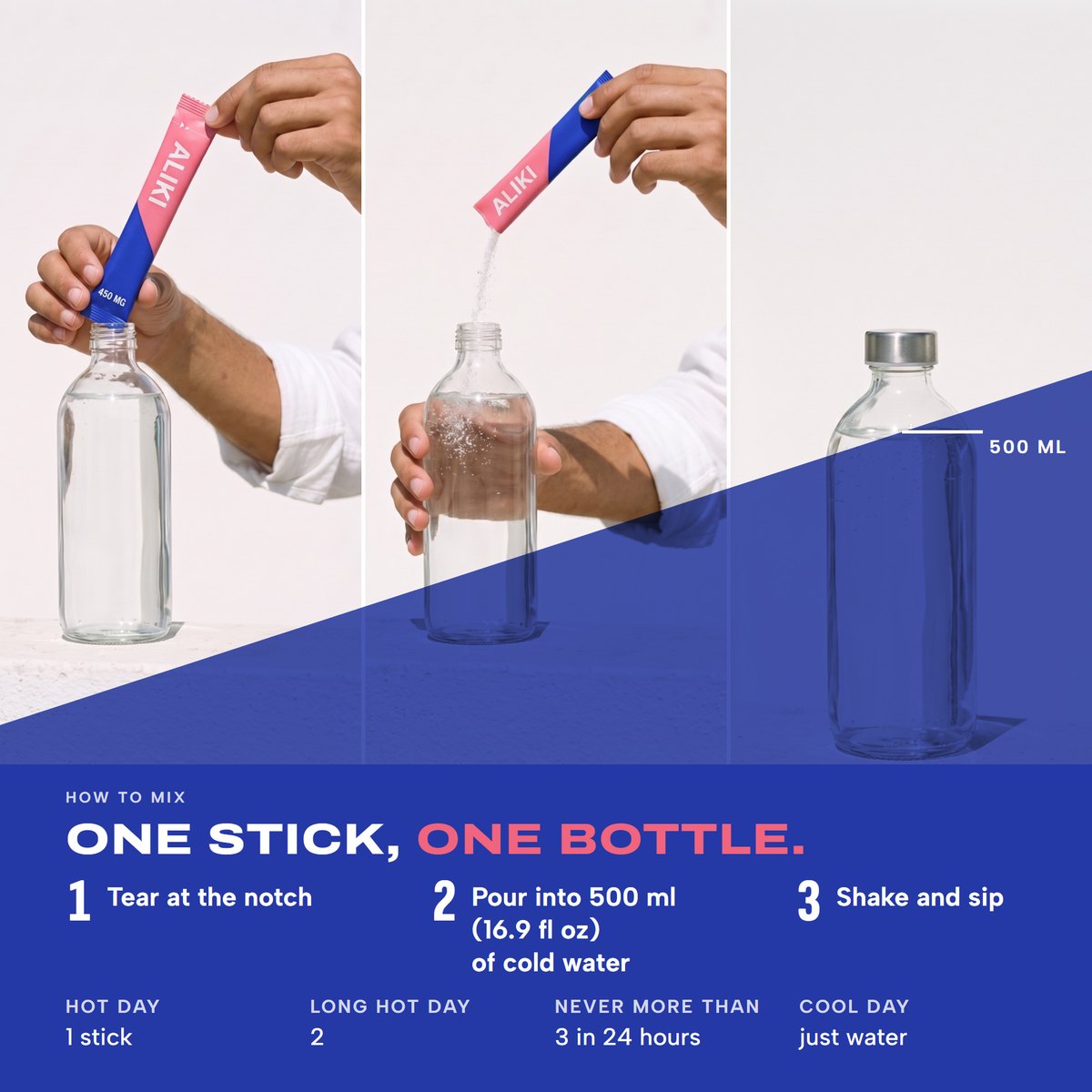 Hands tear an ALIKI stick and pour it into a 500 ml bottle of cold water, AI-generated person