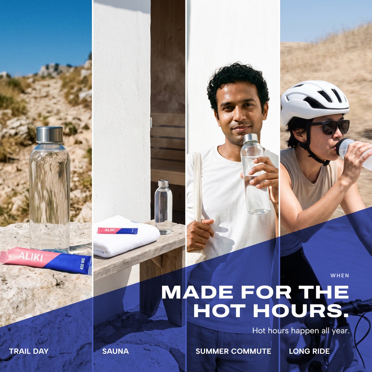 ALIKI on a trail, at a sauna, on a summer commute and a gravel ride, AI-generated people