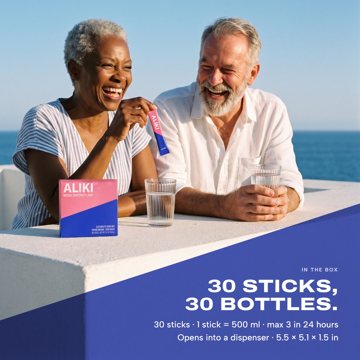 Couple on a terrace in the late sun, she holds a stick by the closed carton, AI-generated people