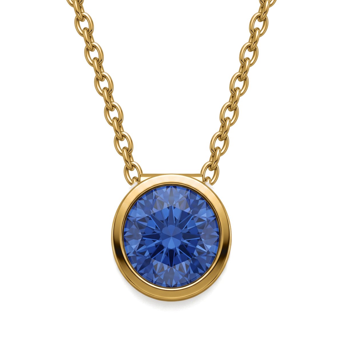 Corund 18K gold vermeil pendant necklace with a laboratory-grown blue sapphire, on white