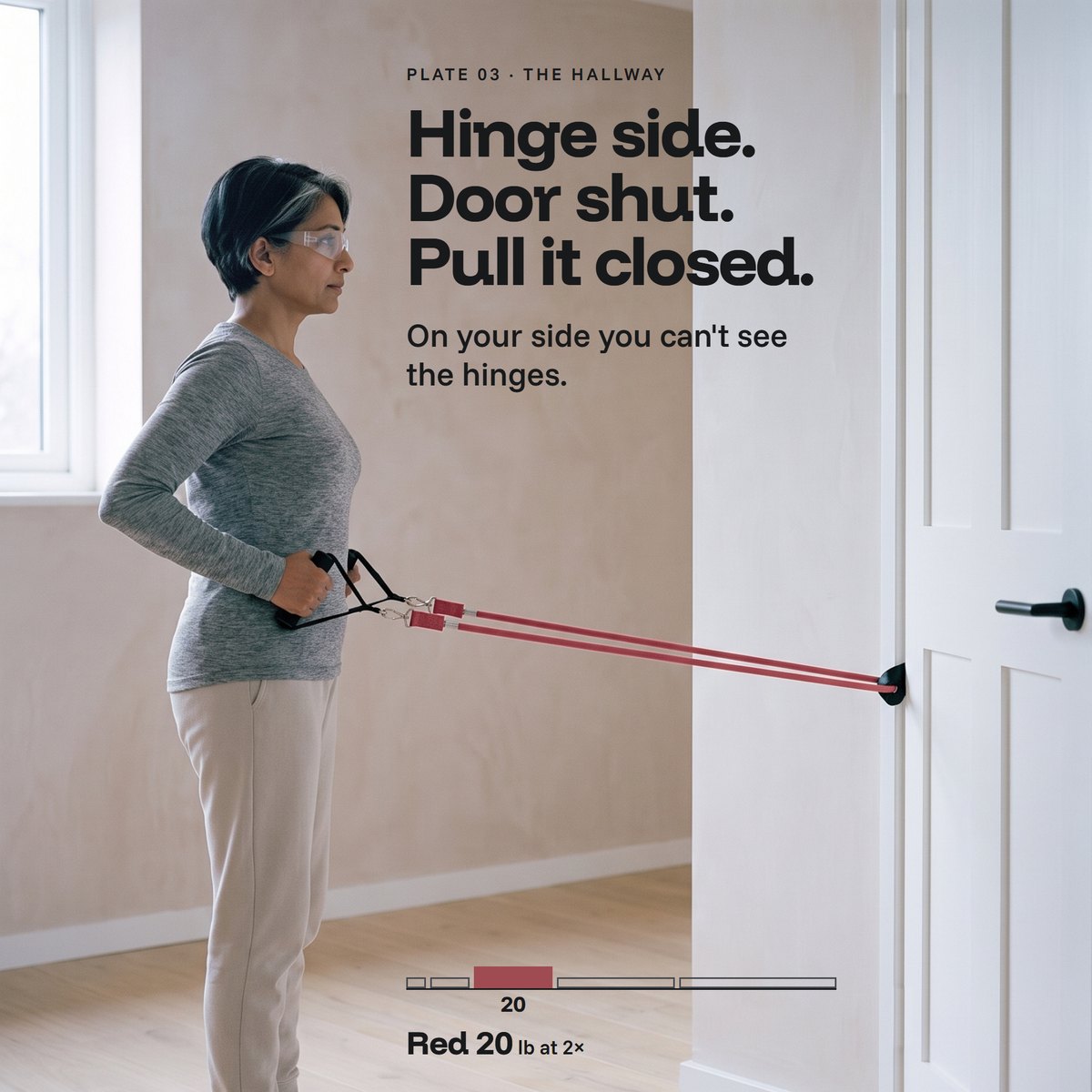 AI-generated woman rowing a red Evenhold tube from an anchor on the hinge side of a closed door