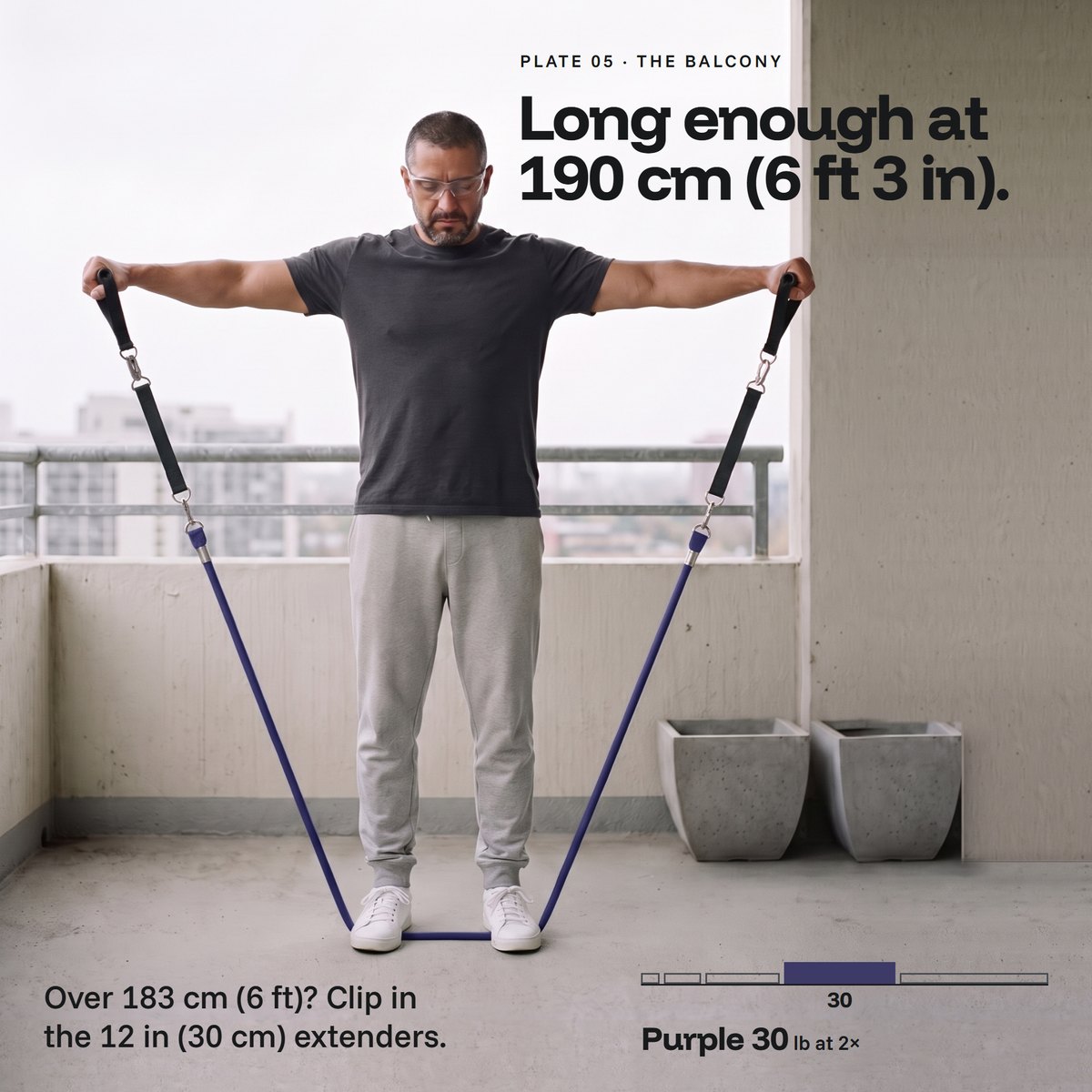 AI-generated tall man on a balcony, lateral raise on a purple Evenhold tube, extenders clipped in