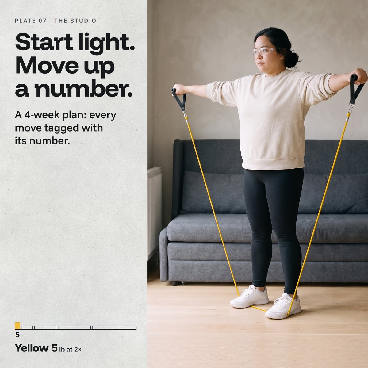 AI-generated woman in a small studio doing a lateral raise on the yellow Evenhold tube