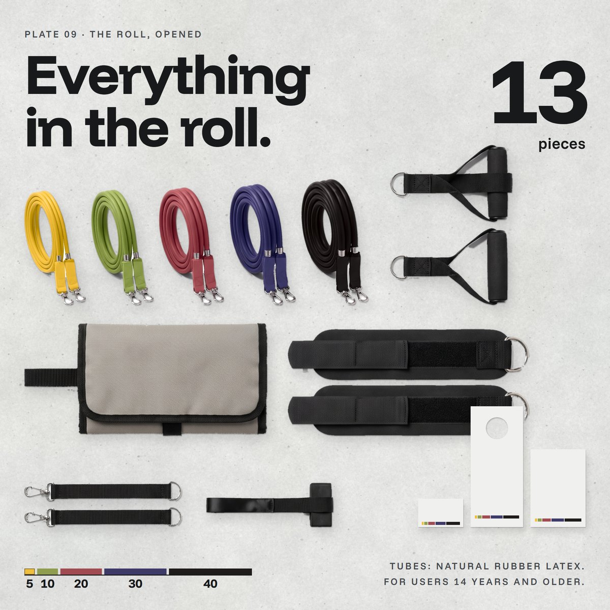 Evenhold set laid out on concrete: five coiled tubes, handles, ankle straps, extenders, anchor, case