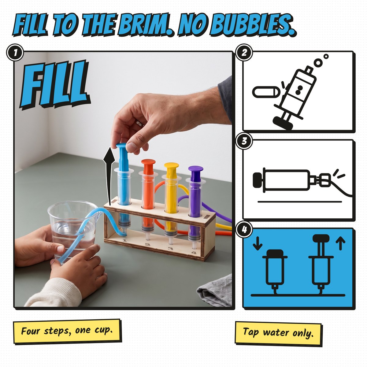 AI-generated hands filling a Fulcra water piston in its rack from the cup, three fill steps drawn