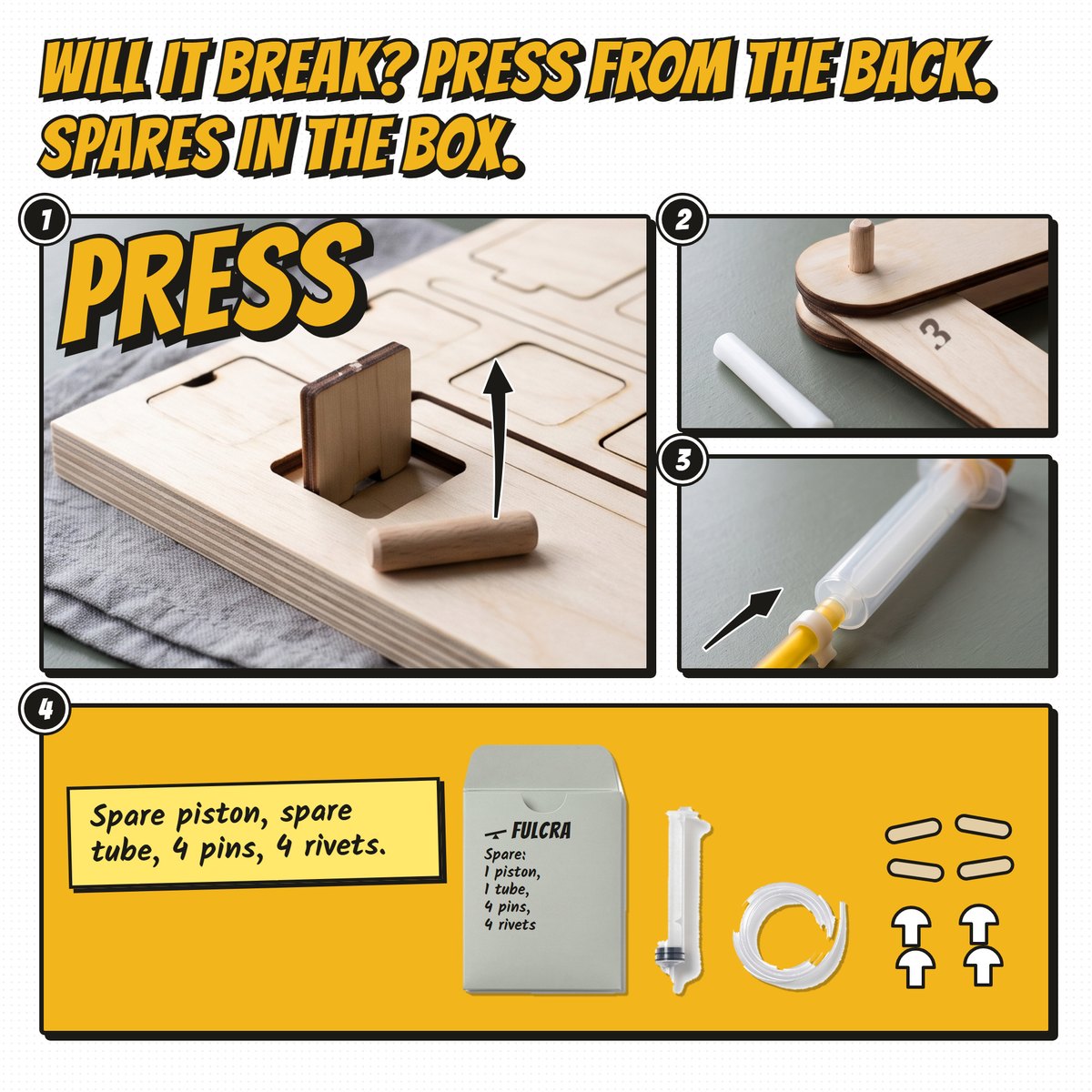 Three close-ups: a part pushed out of the sheet, wax on a pivot, a clipped tube; spare pack below