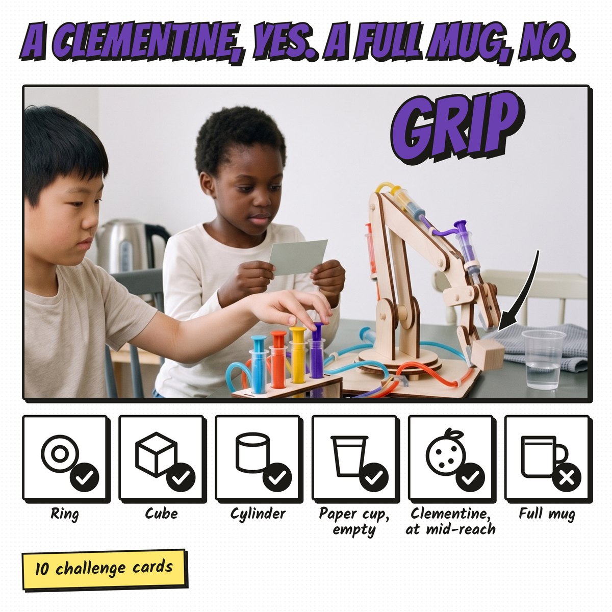AI-generated children at the table as the Fulcra arm stacks a second cube; lift objects and verdicts