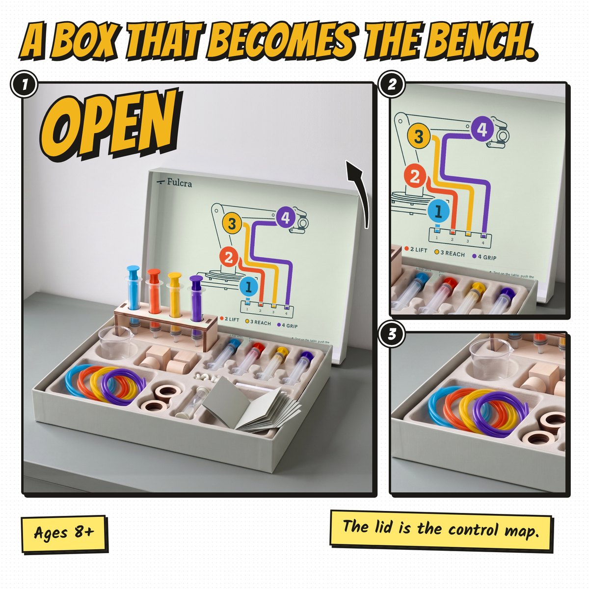 The open Fulcra box: the control map inside the lid, the rack and cup in the tray, booklet and cards