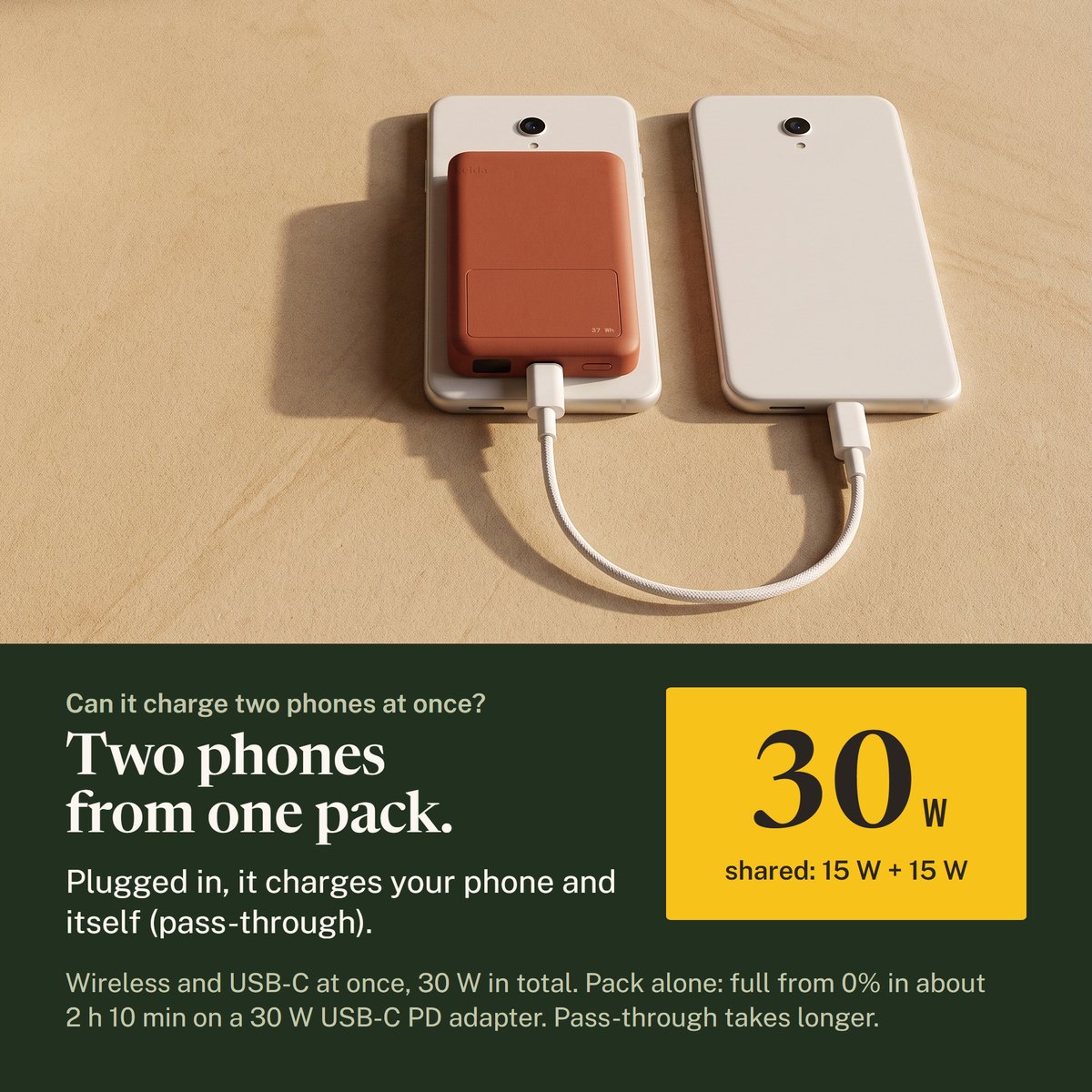 Two phones on sandstone, one with the Kelda 37 pack, a white cable from the pack to the other