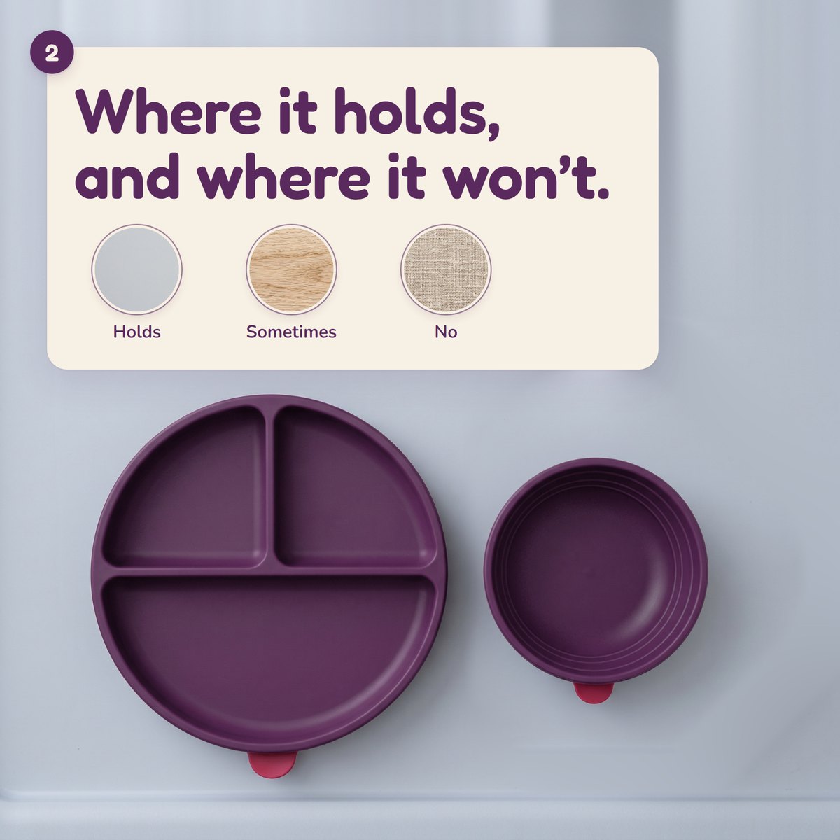 Damson plate and bowl on a smooth tray: where suction holds, where it may slip, where it won't