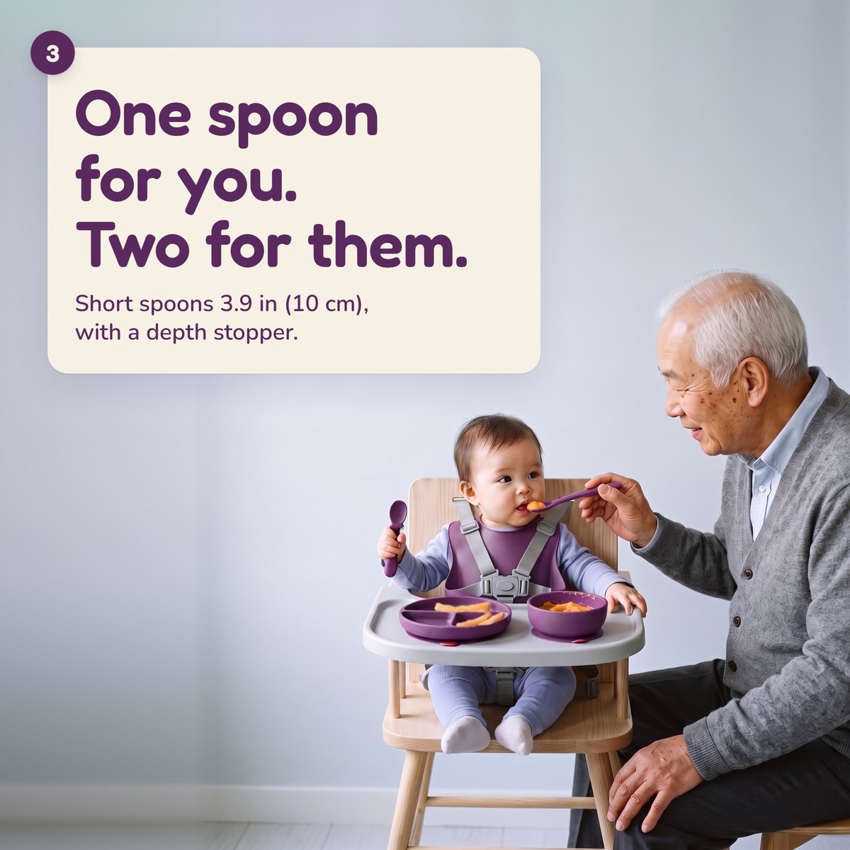 AI-generated grandfather feeding a 7-month-old in a high chair, harness on, Linnet spoons