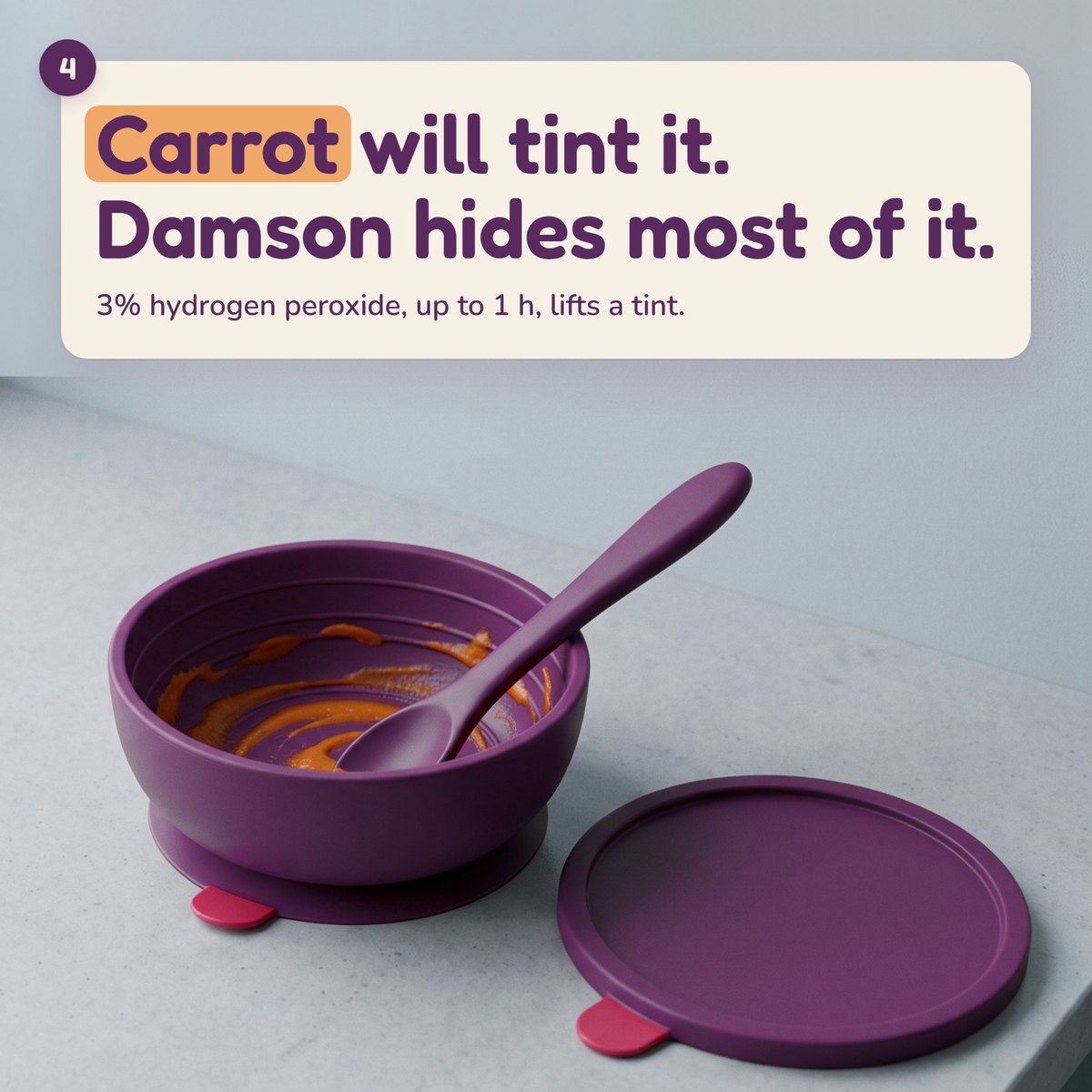 Damson bowl and lid after a carrot meal: carrot tints it, 3% hydrogen peroxide lifts a tint