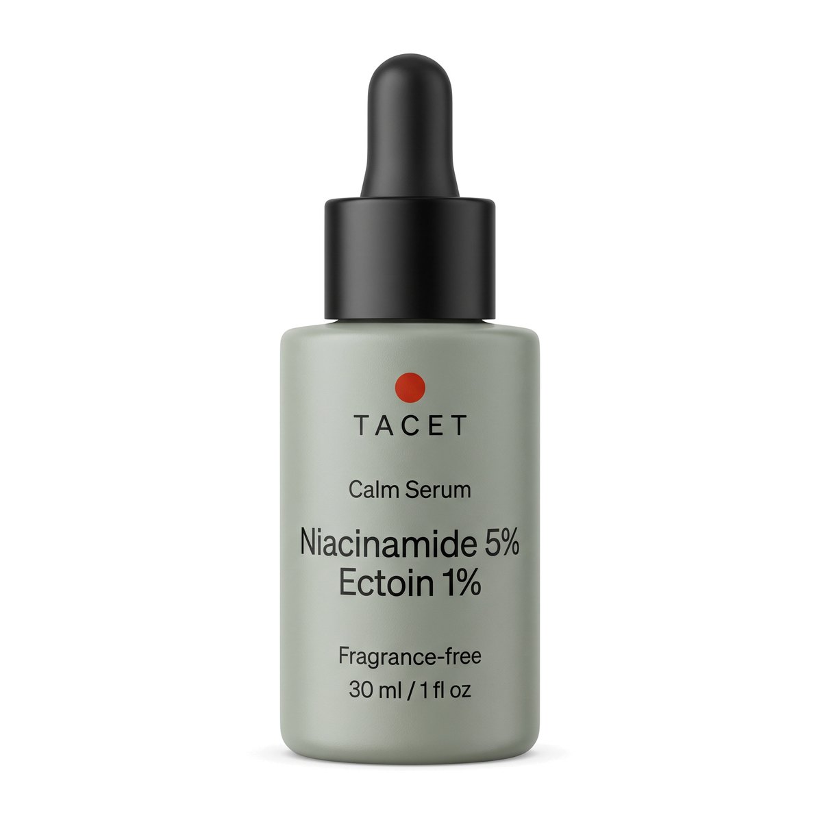 Tacet Calm Serum, 30 ml celadon glass dropper bottle with black screen-printed label, on white