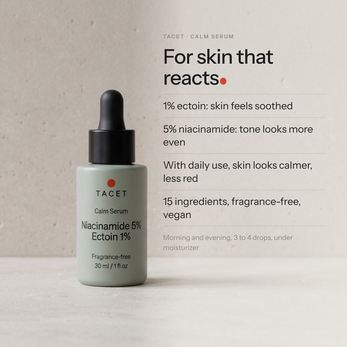 Tacet Calm Serum bottle standing on honed travertine in soft daylight, four benefit lines at right