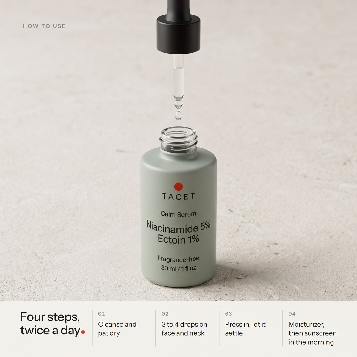 Tacet Calm Serum dropper lifted above the open bottle, one drop forming, on pale limestone