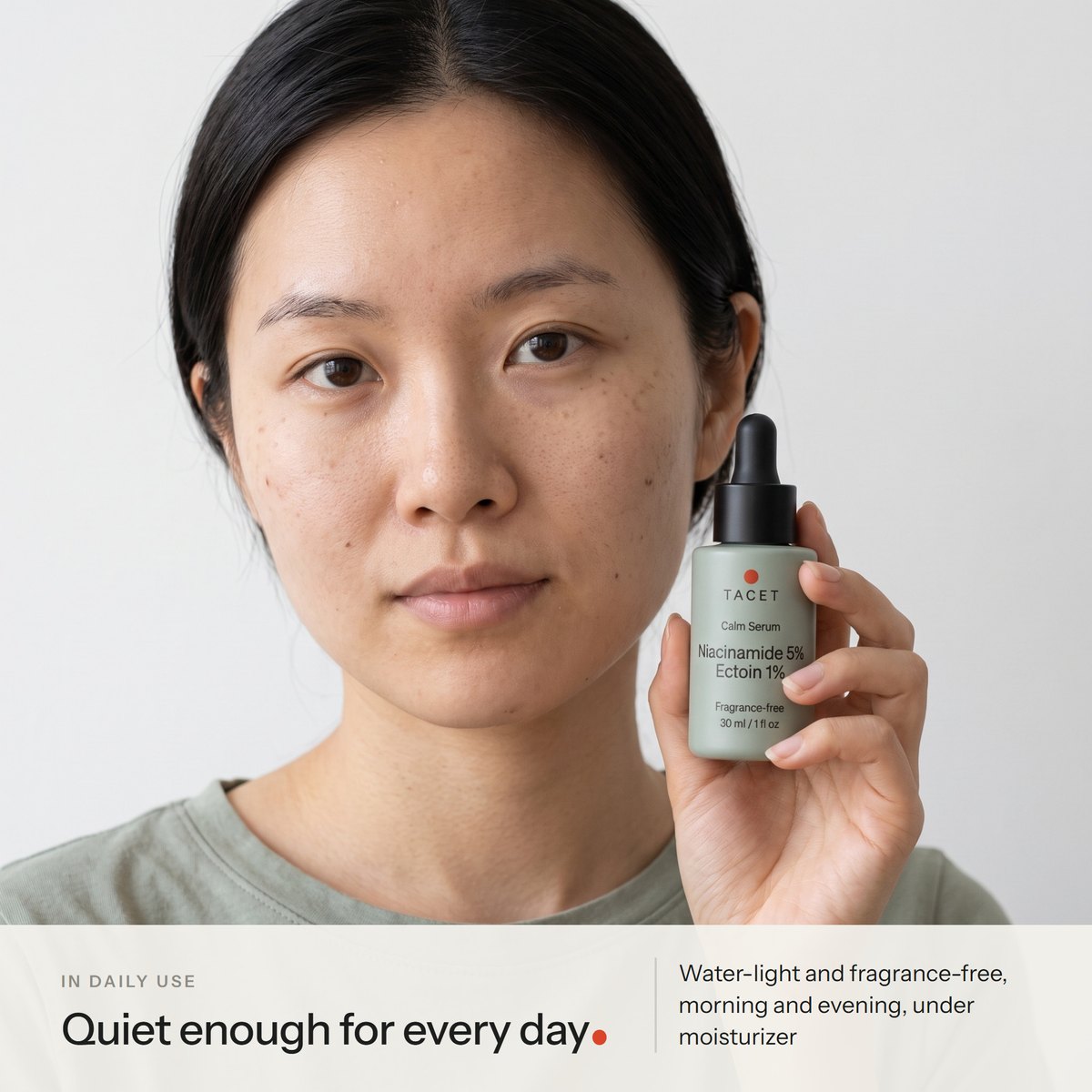 Tacet Calm Serum held beside a woman's cheek, label facing the camera, AI-generated person